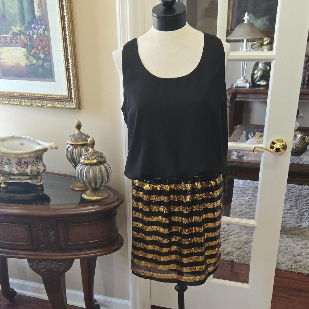 Gianni Bini Black Gold Dress Sequin skirt Sleeveless Blouson Top Large NEW $139